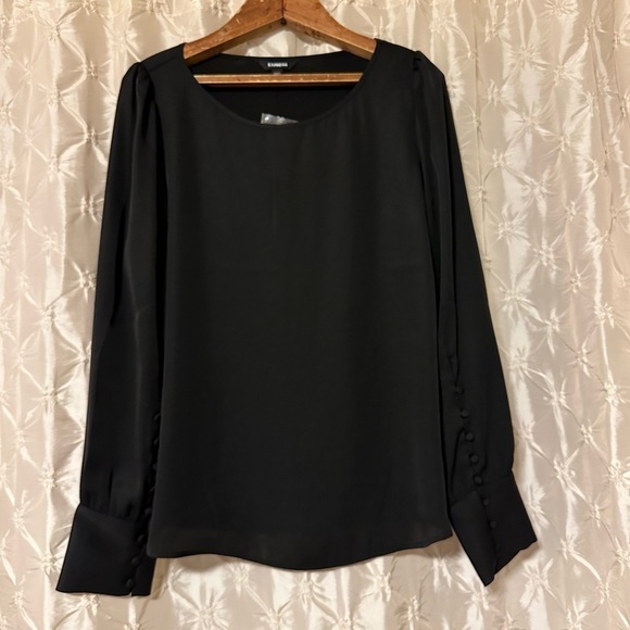 Express Black Long Sleeve Button Sleeve Boat Neck Blouse - Picture 1 of 10